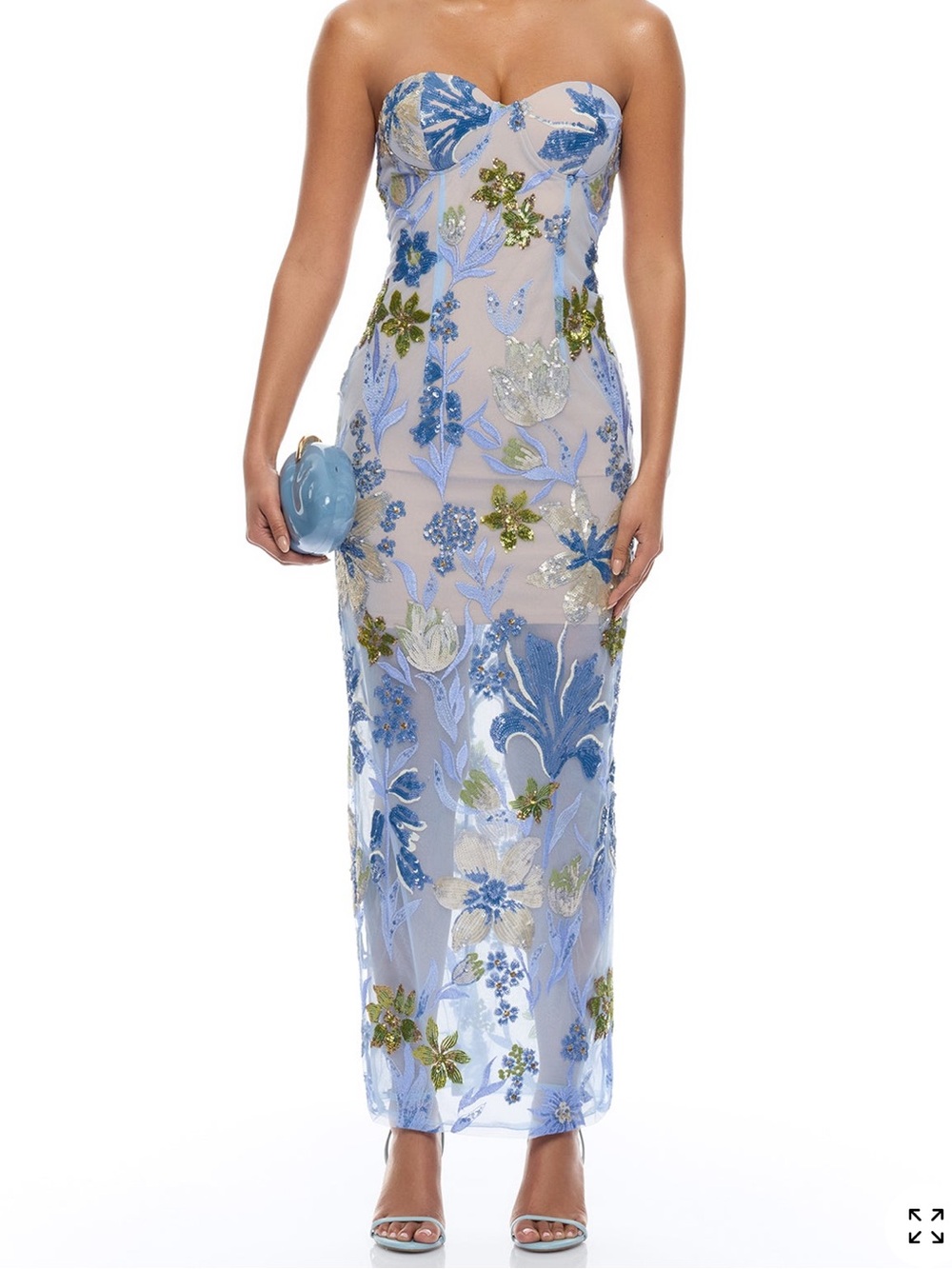Fashion Nova Strapless Blue and Green Floral Embroidered Gown